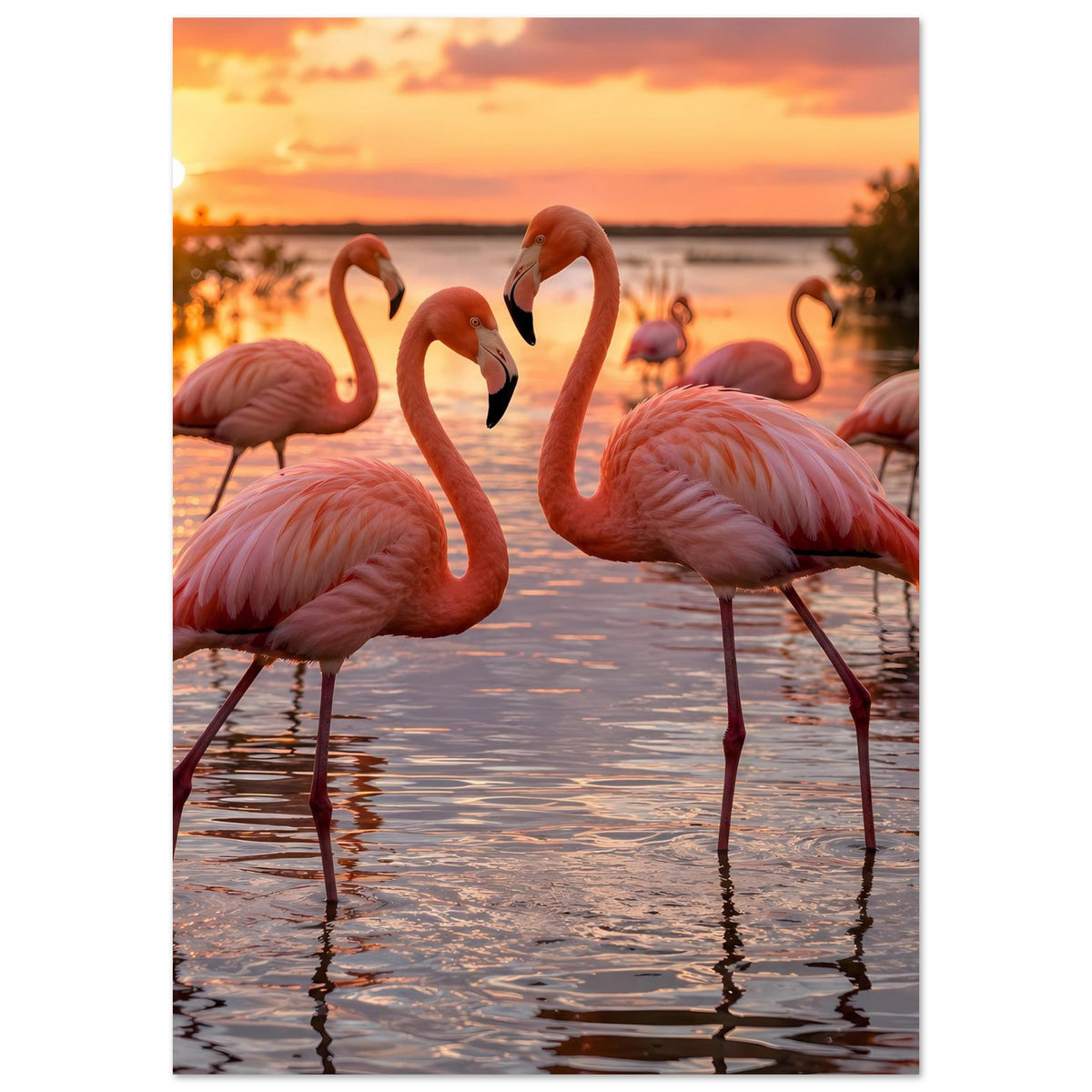 Wandposter mit Flamingos im Stand, rosa und rötliche Farben, Sonnenuntergangshimmel