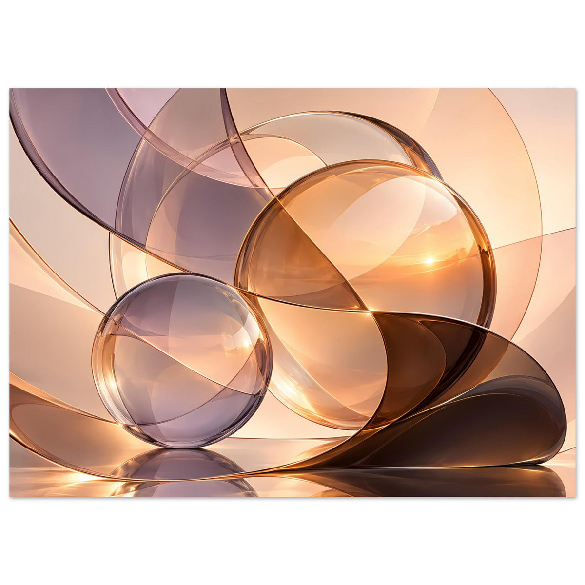Abstrakter Kunstdruck mit warmen Glas-Kugeln, goldbraunen Reflexen und geschwungenen Flächen