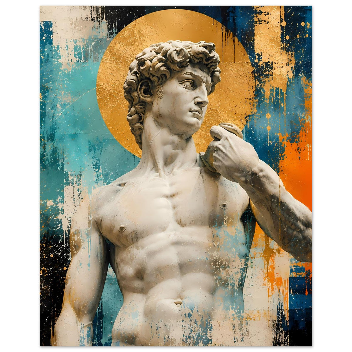 David-Poster: Torso und Gesicht im goldenem Kreis, Hand nach vorn erhoben