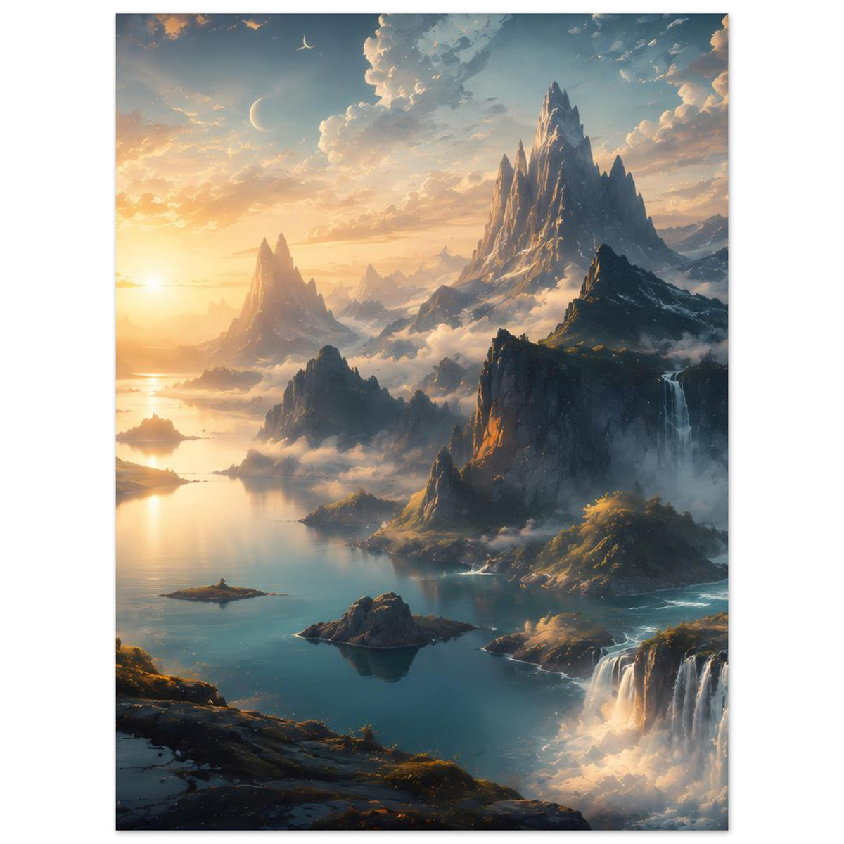 Vertikales Poster mit Berglandschaft, Wasserfällen und goldener Morgensonne über See