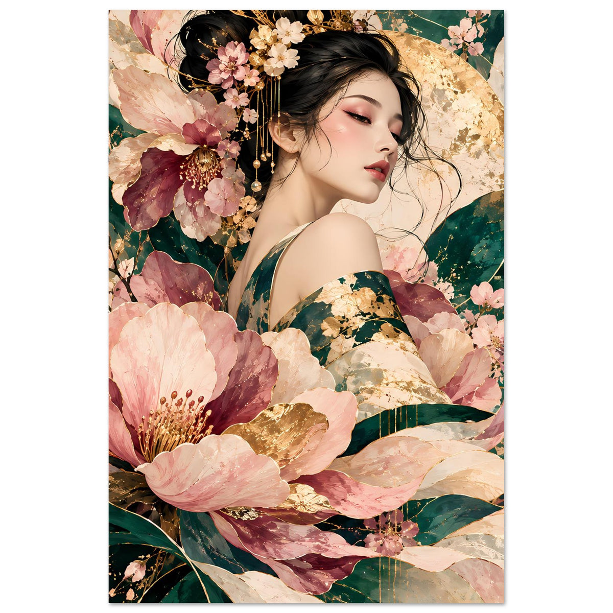 Blumenposter Hochformat: Porträt einer Frau zwischen rosa Blüten und grünen Blattornamenten