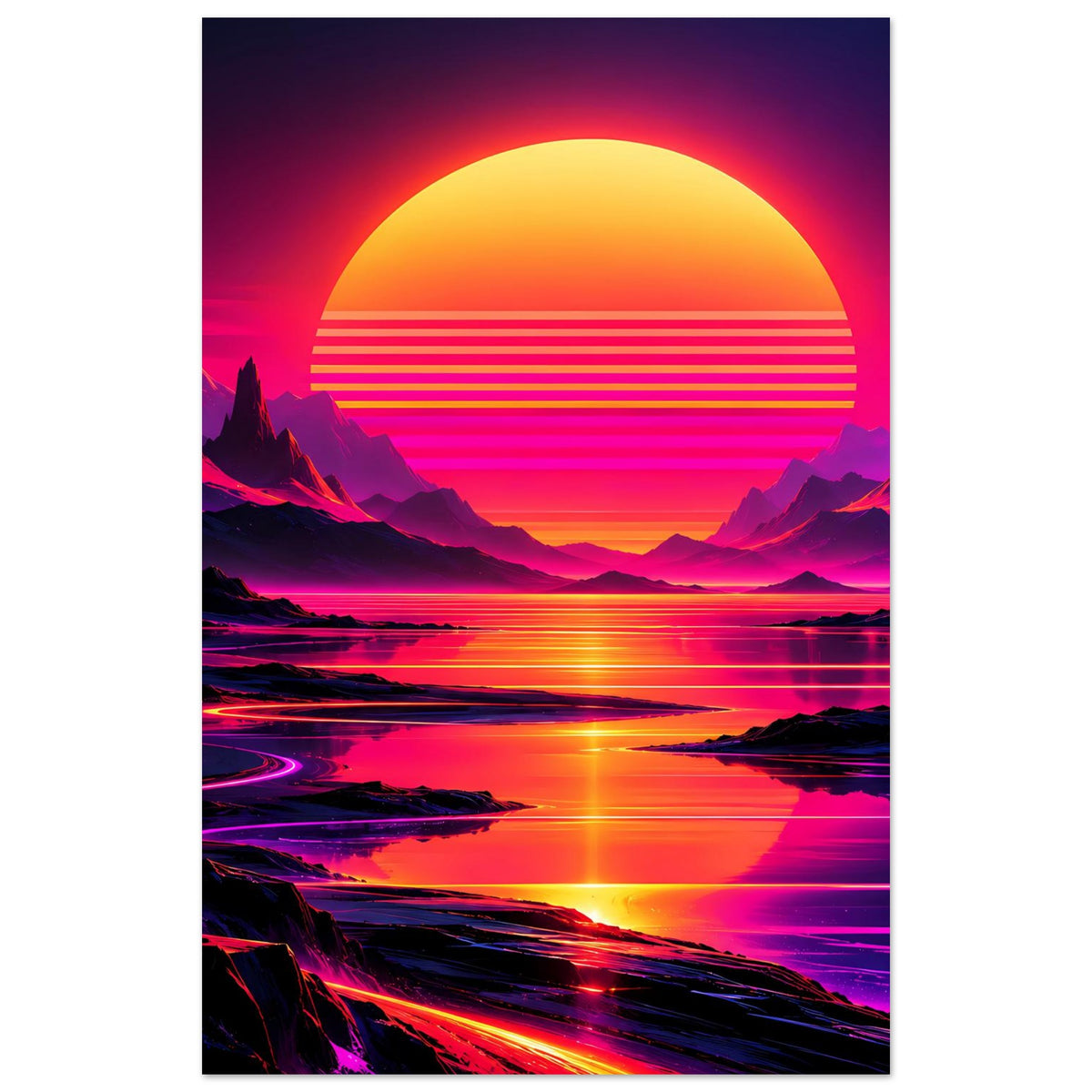 Neon-Poster, vertikal: Sonne über Bergsilhouetten mit reflektiertem Wasser im Neonlicht