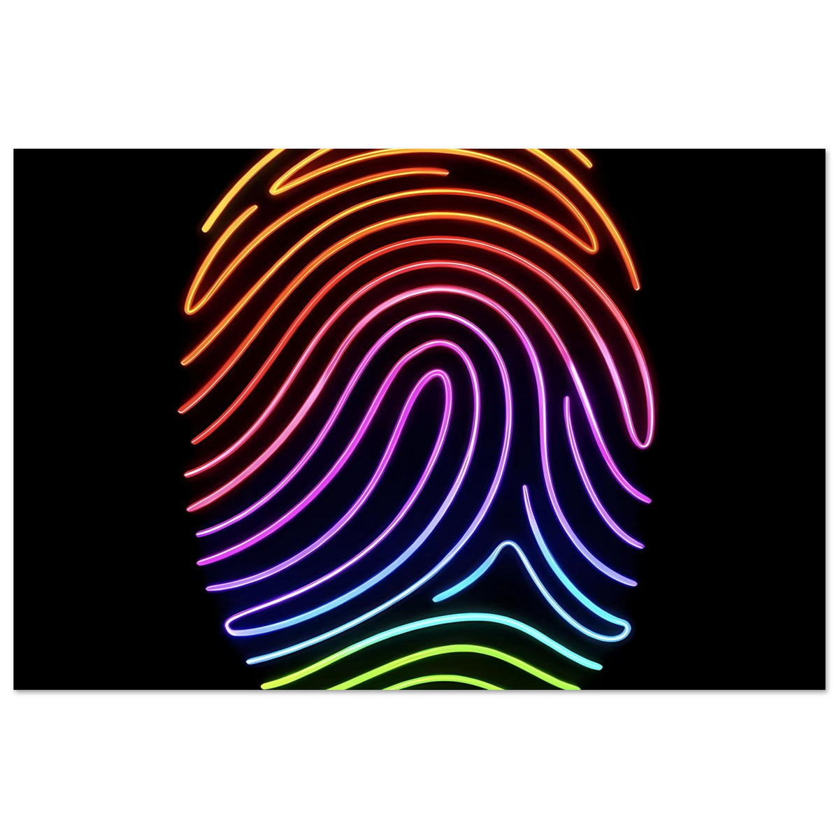 Neon-Regenbogen-Fingerabdruck-Poster: bunte Neonbogen auf schwarzem Hintergrund, oben mittig