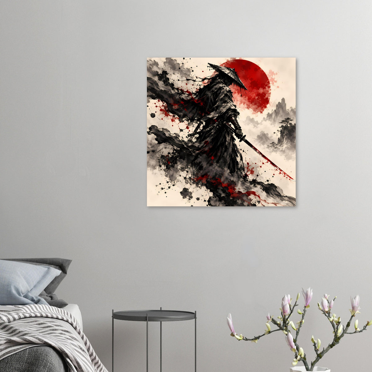 Kunstdruck: Samurai-Krieger mit Katana, schwarzer Umhang, rote Sonnenscheibe, Sprühfarben