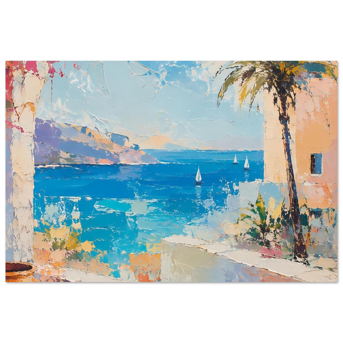 Sommerposter einer Meeresbucht mit Palme rechts, Segelbooten und Treppenabsatz am Ufer