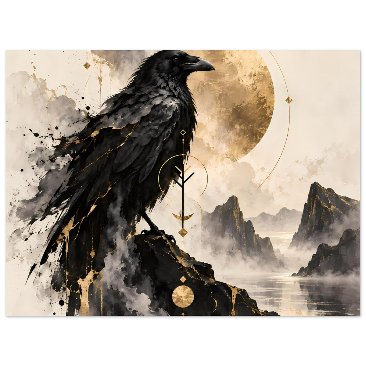 Vogelkunst-Poster, schwarzer Rabe im Vordergrund, goldene Kreise und Gebirgsschlucht