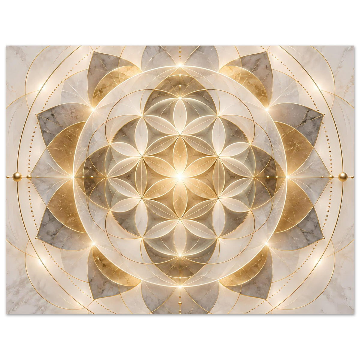 Goldenes Mandala-Ornament-Poster mit zentraler Blume des Lebens und feinen Kreislinien