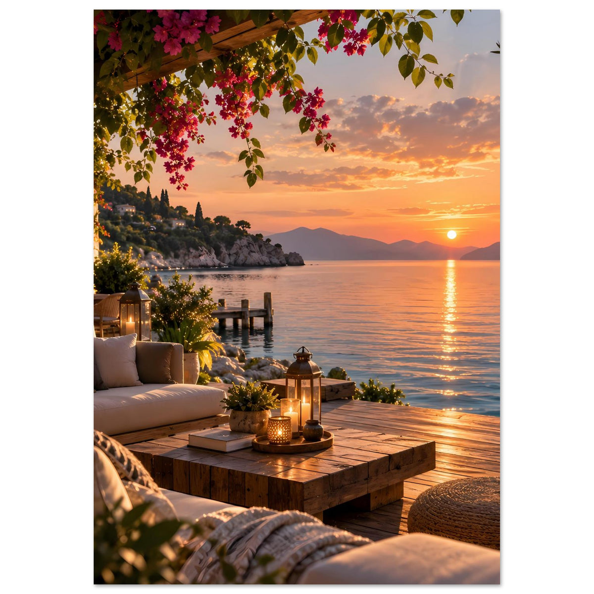 Küsten-Terrassenposter mit Sofa, Laternen und Bougainvillea bei tiefem Sonnenuntergang