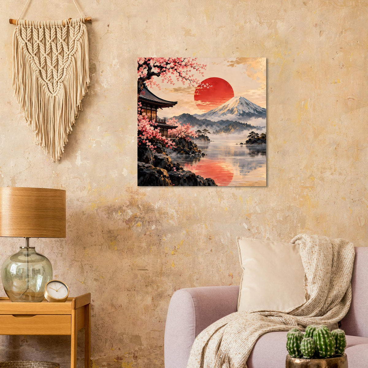 Wandposter mit japanischem Landschaftsmotiv: roter Mond über Berg, Kirschblüten, Wasser