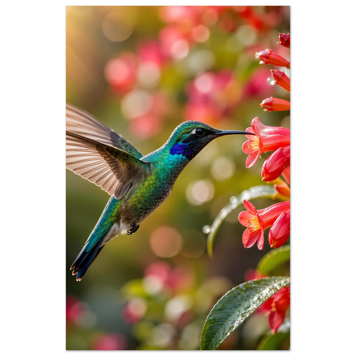 Vertikales Poster: Kolibri fliegt zu roten Blüten, unscharfer Hintergrund mit Lichtpunkten
