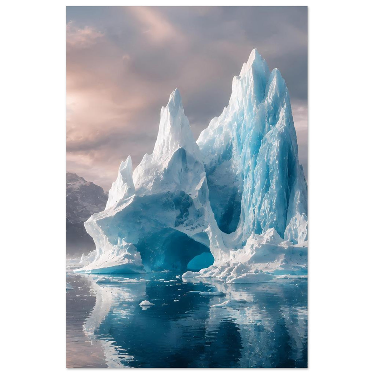 Vertikales Poster mit eisblauen Eisbergen, türkisfarbenem Eis und spiegelndem Wasser