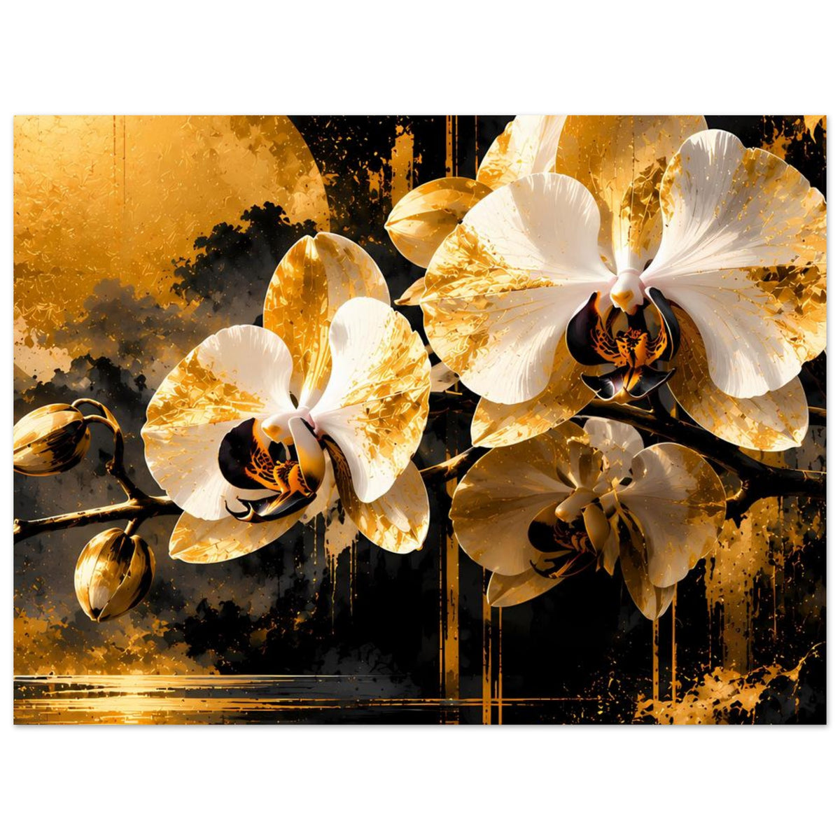 Rechteckiges Poster mit gold-weißen Orchideenblüten und schwarzem Ornamental-Look