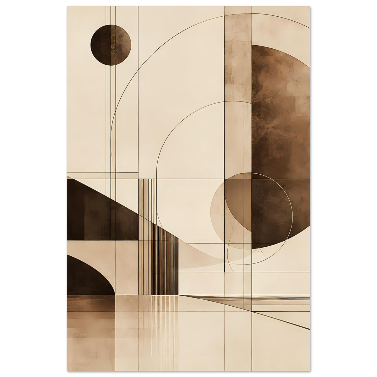 Gerahmter hochformatiger geometrischer Sepia-Kunstdruck mit großem Kreis und Rechtecken