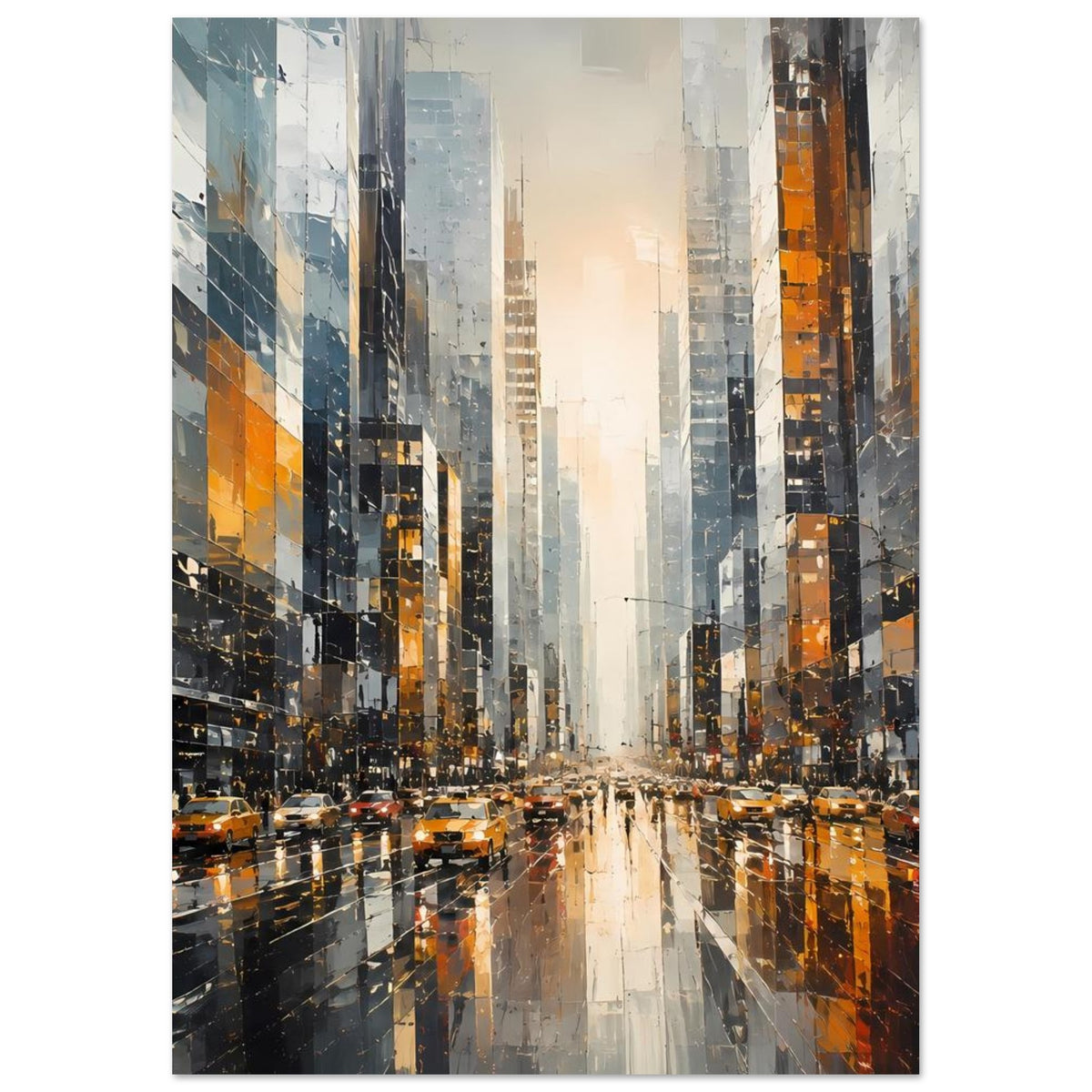 Stadtposter mit Großstadt-Straßenzug, hohen Gebäuden und gelben Taxis, reflektierender Wegperspektive