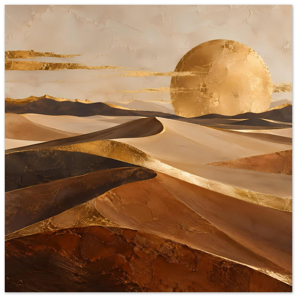 Wüstenlandschaft-Poster mit goldener Sonne über Dünen, breite Perspektive, Braun und Gold, gerahmt