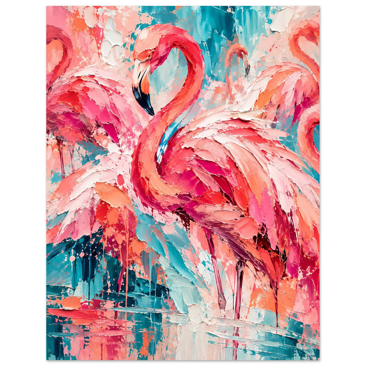 Hochformatiges Flamingo-Poster mit mehreren Flamingos in Pink/Türkis und weißem Farbauftrag