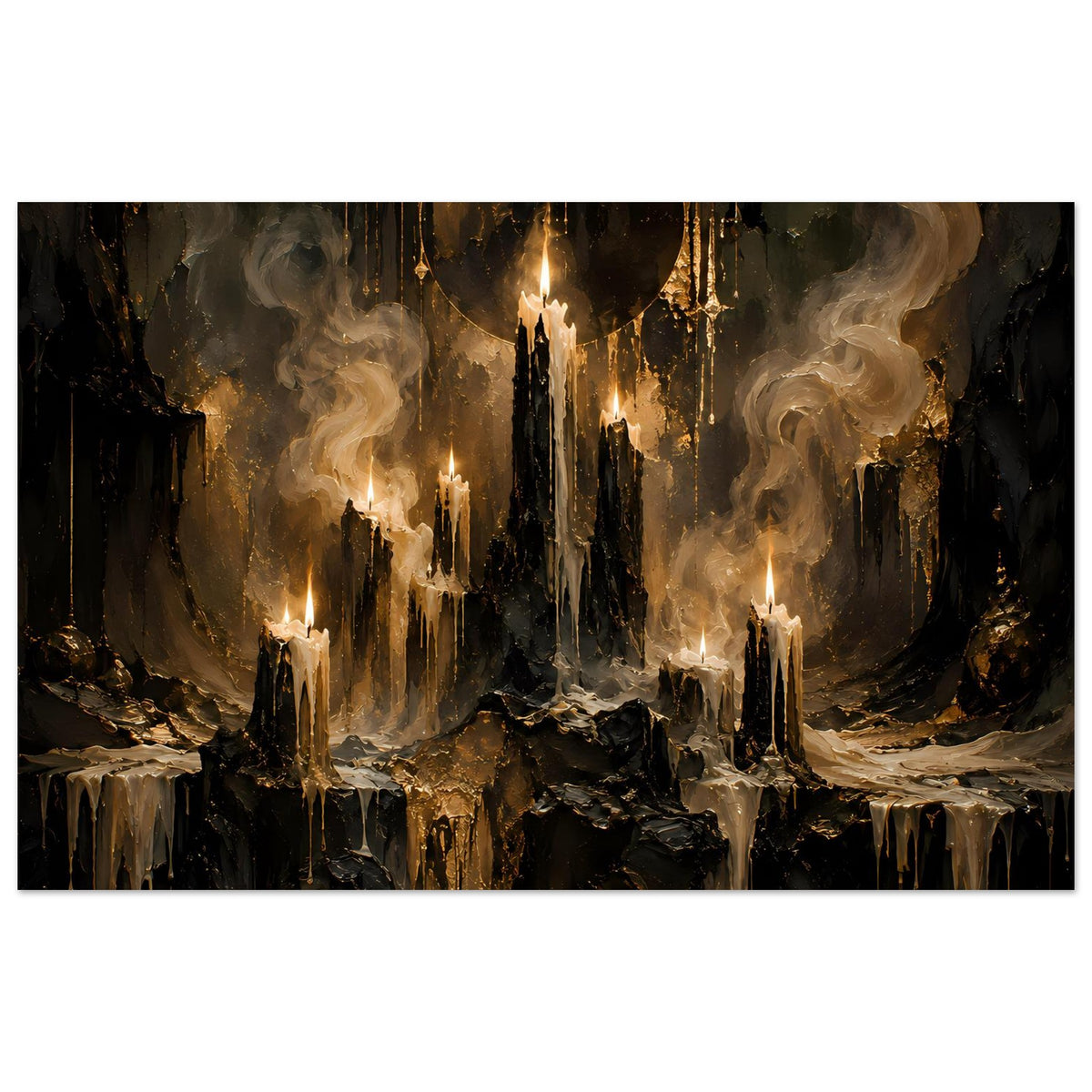 Fantasy-Poster im Querformat mit brennenden Kerzen, Rauchwolken und goldenen Säulen im Dunkeln