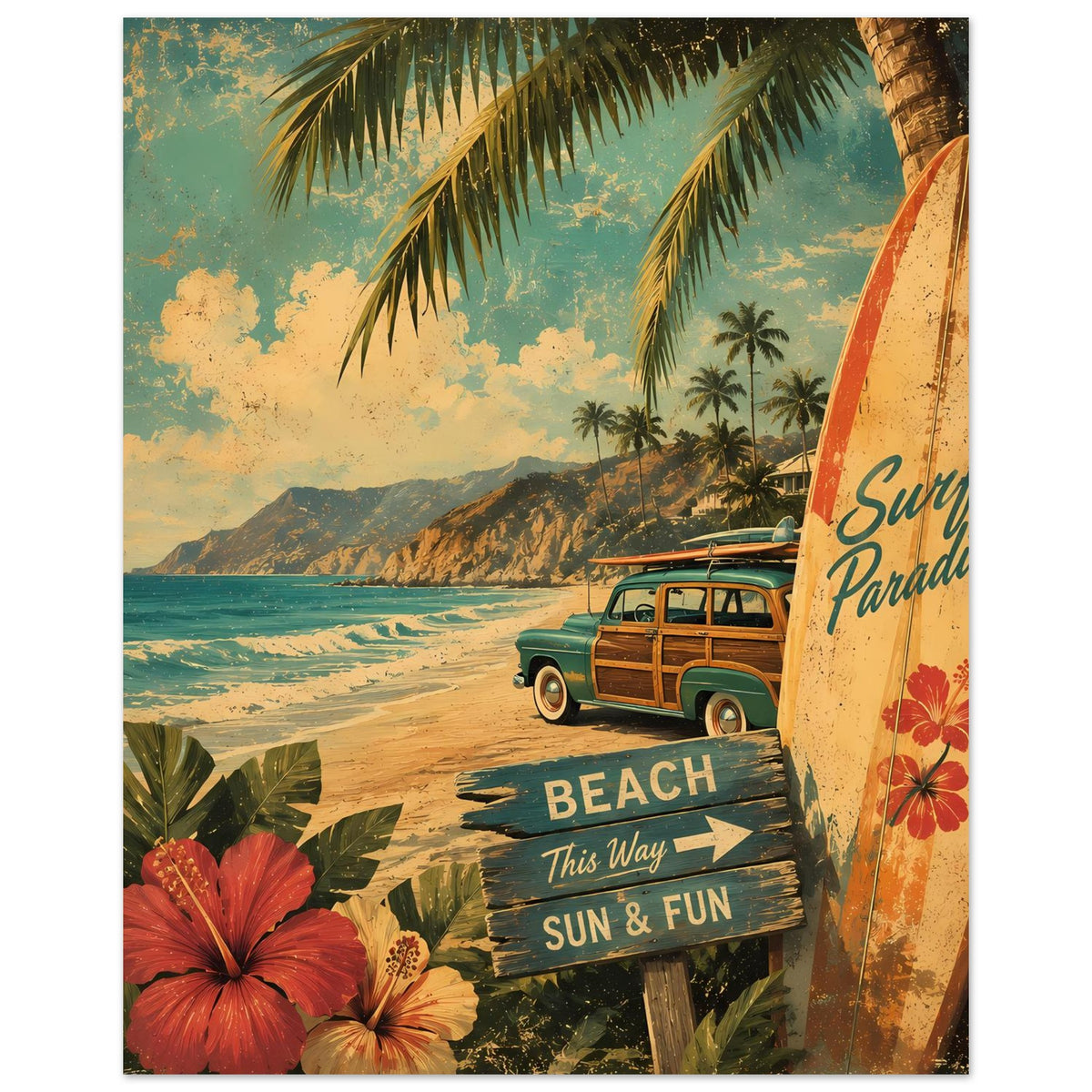 Surf-Poster im Vintage-Look: Surfboard, Palmenkranz und rote Hibiskusblüten unten