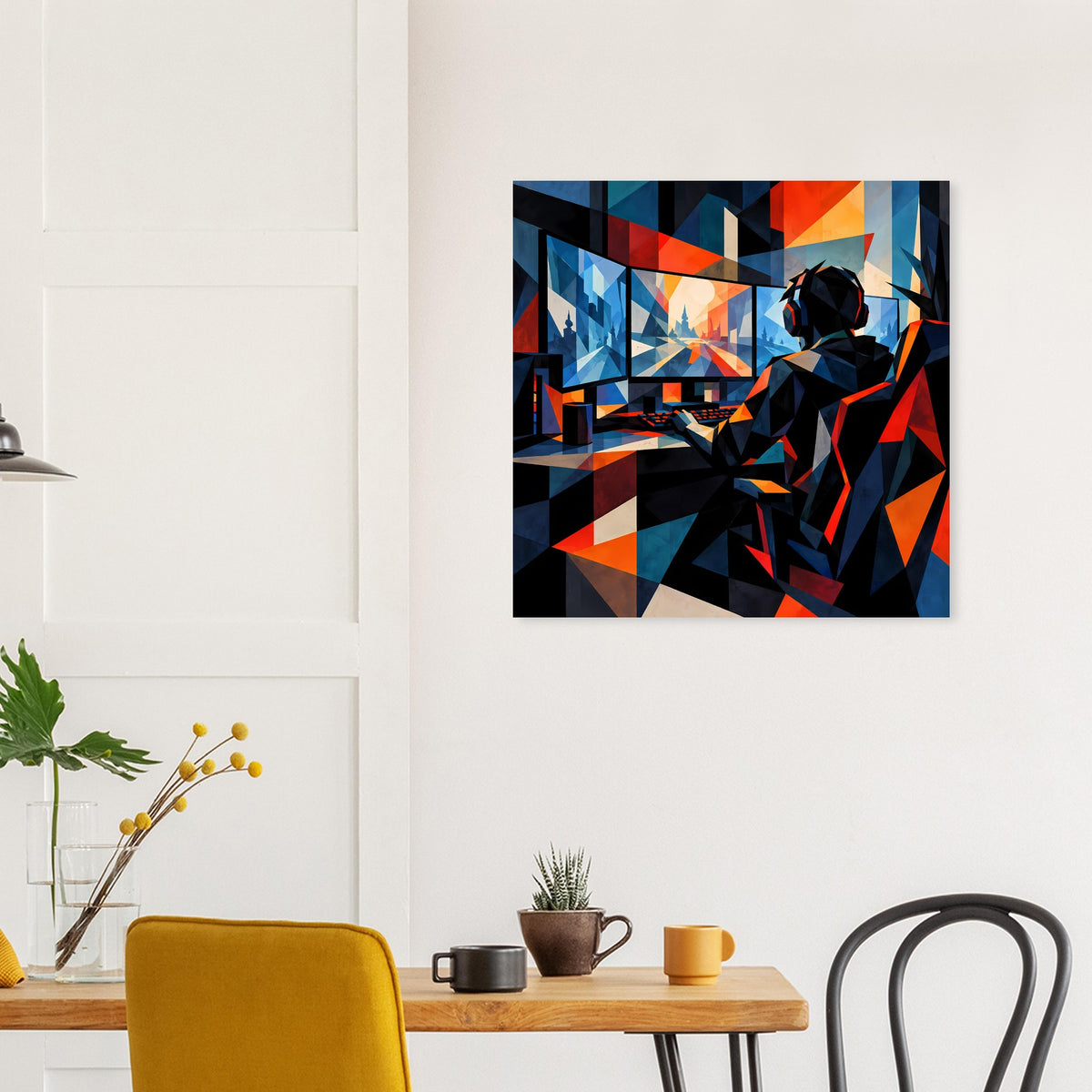 Wandposter mit geometrischem Design: Gamer-Silhouette in Blau und Orange