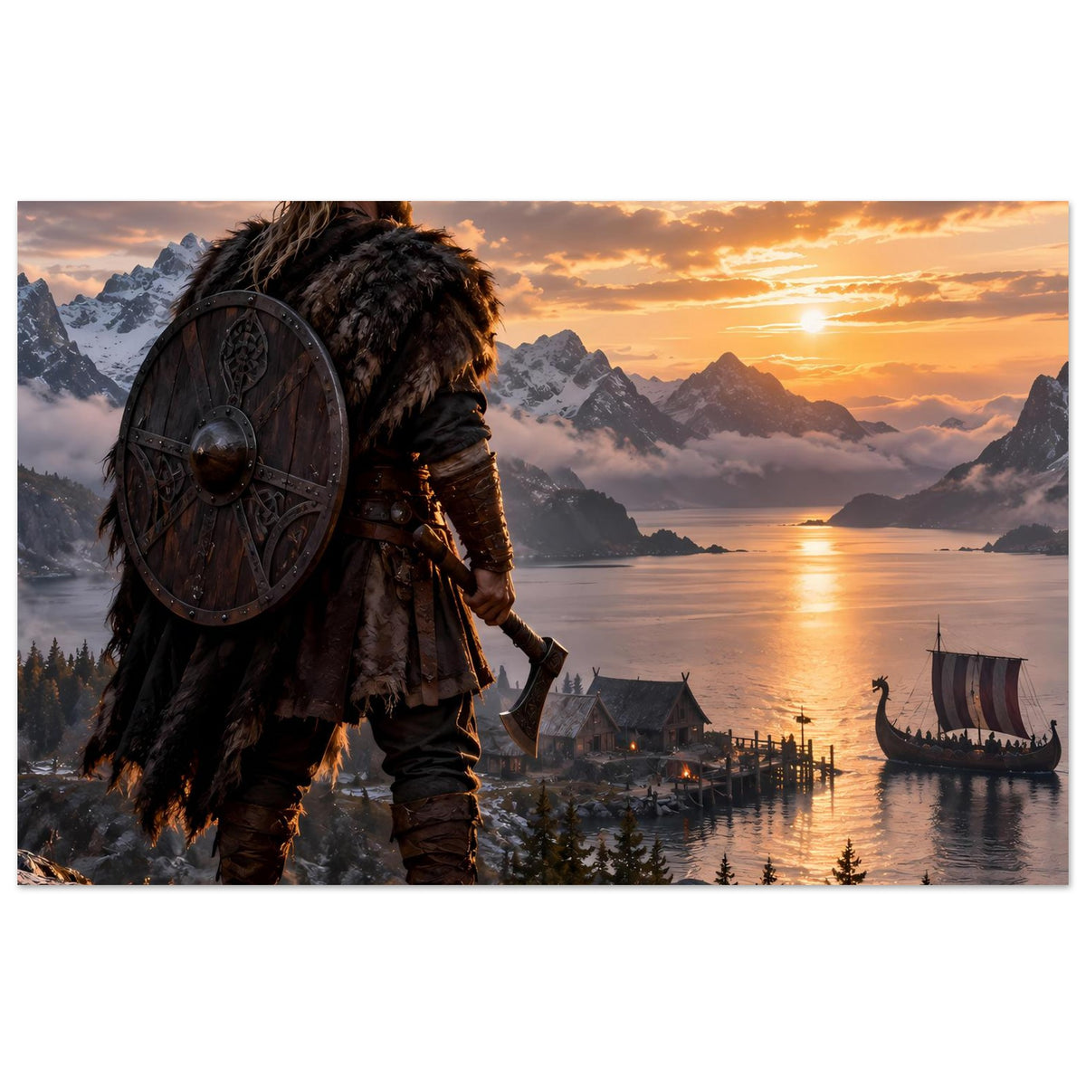 Vikingerposter, breite Ansicht: Krieger mit Rundschild und Langschiff am Fjordufer