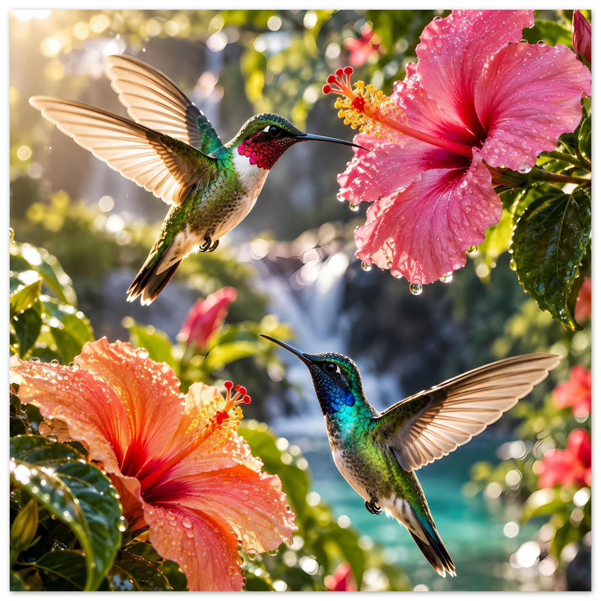Poster mit zwei Kolibris vor rosa Hibiskusblüte und orangefarbenem Hibiskus, vertikal