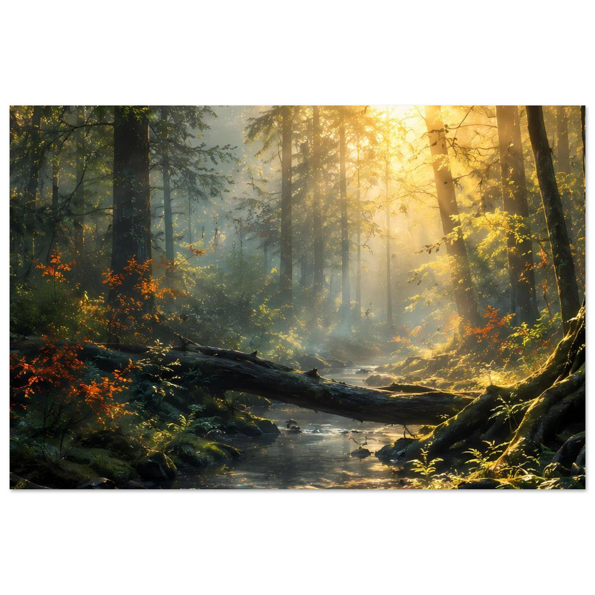 Poster mit Wald, Bach und goldenem Lichtstrahl, ruhige Szene, querformat