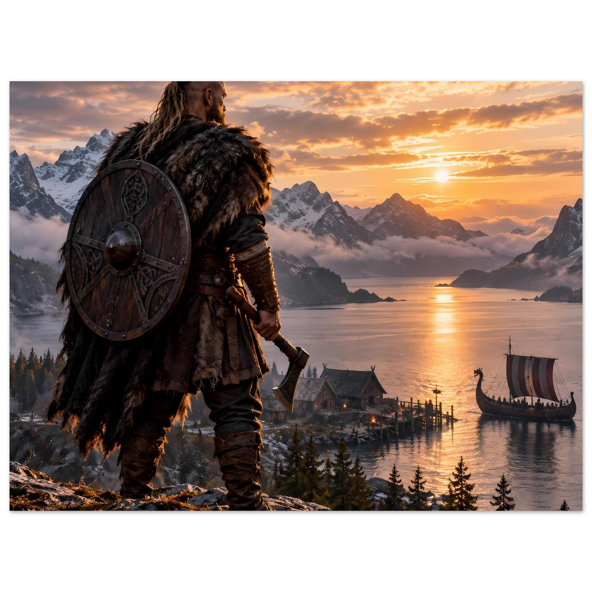 Wikinger-Poster: Krieger mit Rundschild und Streitaxt, Fjord mit Langschiff bei Sonnenuntergang