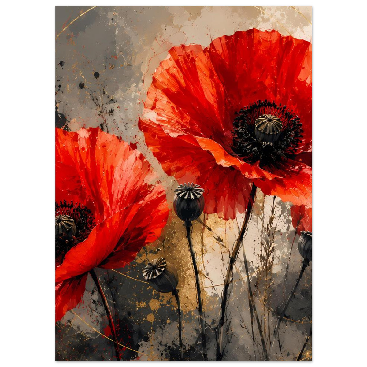 Hochformatiges Mohnblumen-Poster mit großen roten Blüten und schwarzen Samenköpfen