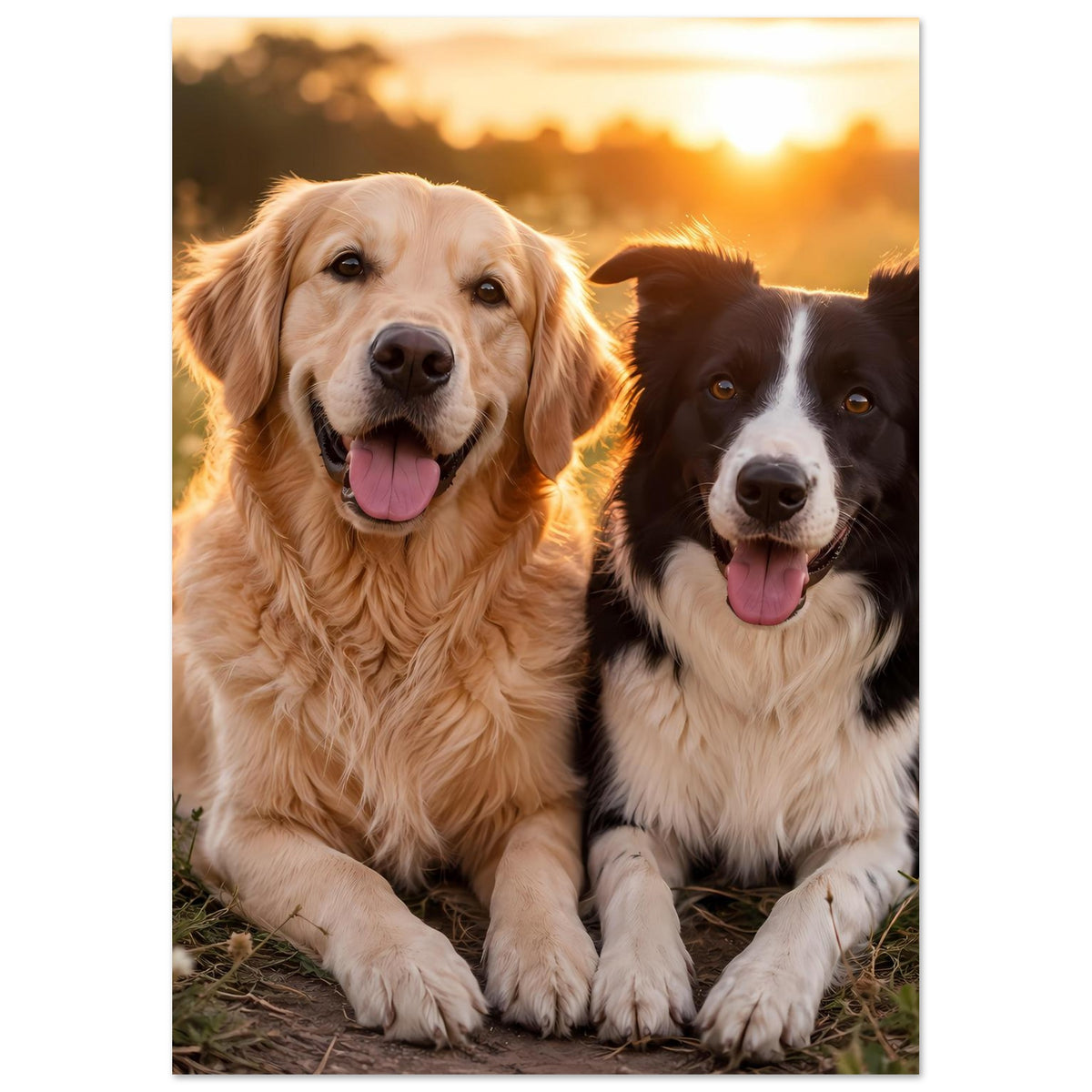 Poster mit Hunde-Porträt: goldener und schwarzer Hund nebeneinander, Fokus auf Gesichter
