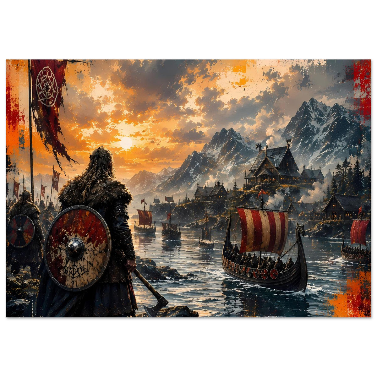 Wikinger-Saga-Poster: Schildträger am Ufer, Langschiff auf Wasser vor Berglandschaft.