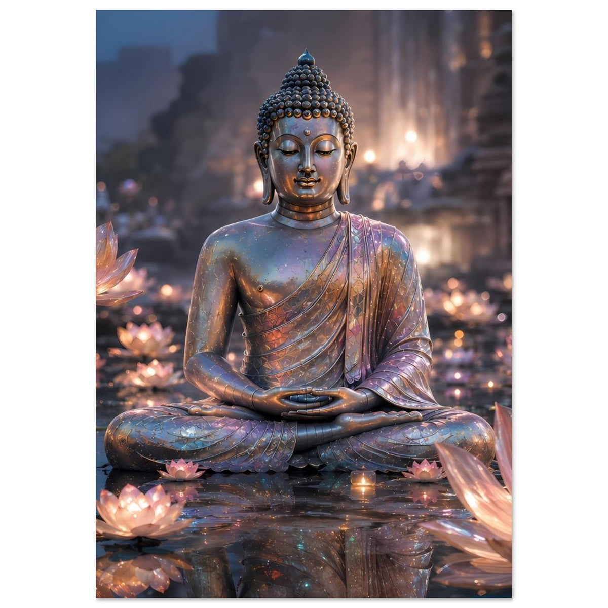 Meditationsposter mit Buddha im Meditationssitz und leuchtenden Lotusblüten