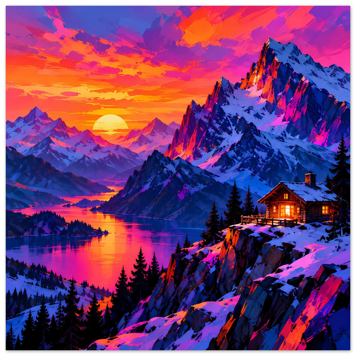 Quadratisches Poster mit Bergsee, sonnigem Himmel, schneebedeckten Gipfeln und beleuchteter Hütte