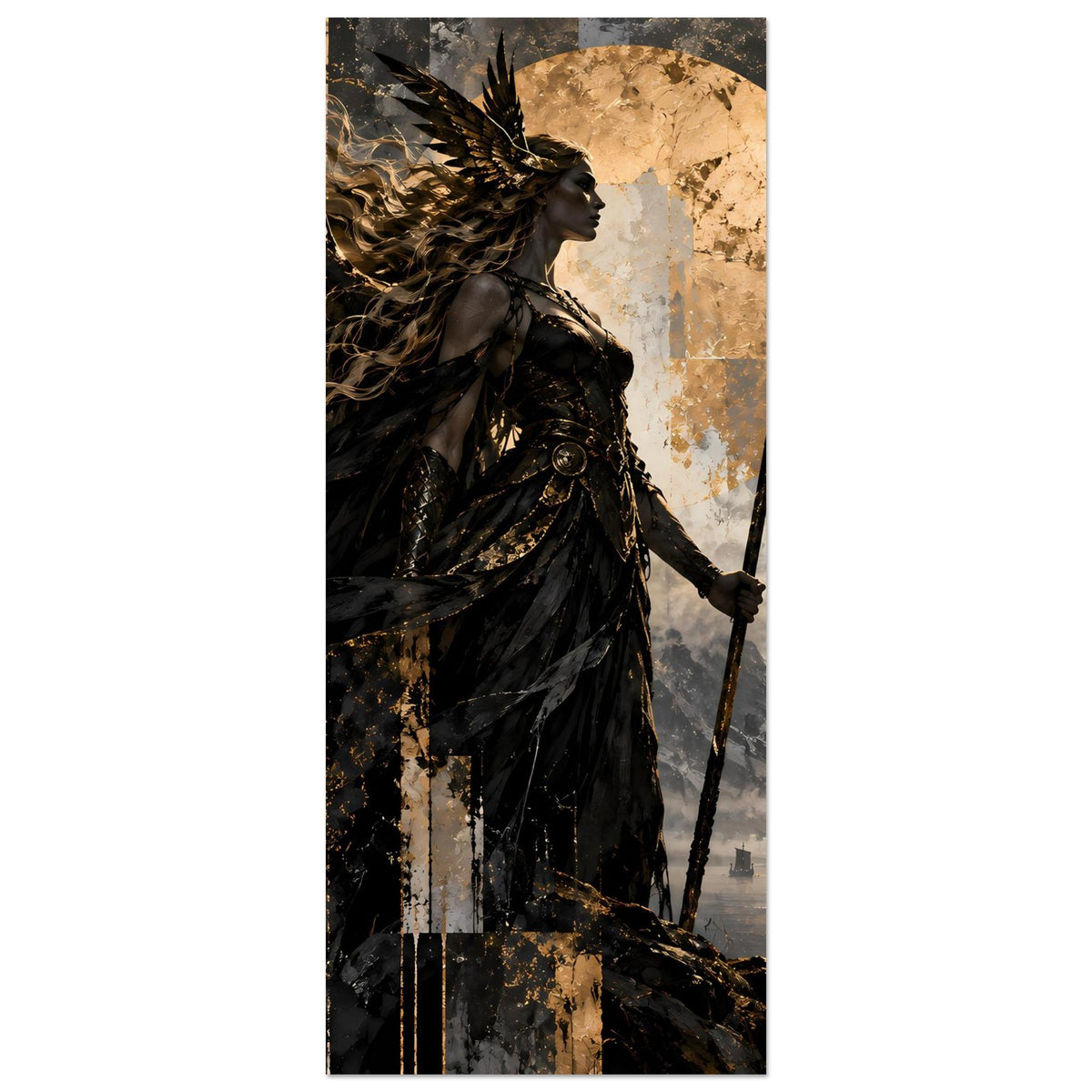 Vertikales Artposter: Valkyrie in Schwarz mit goldenen Flügeln und Speer, naher Bildausschnitt.