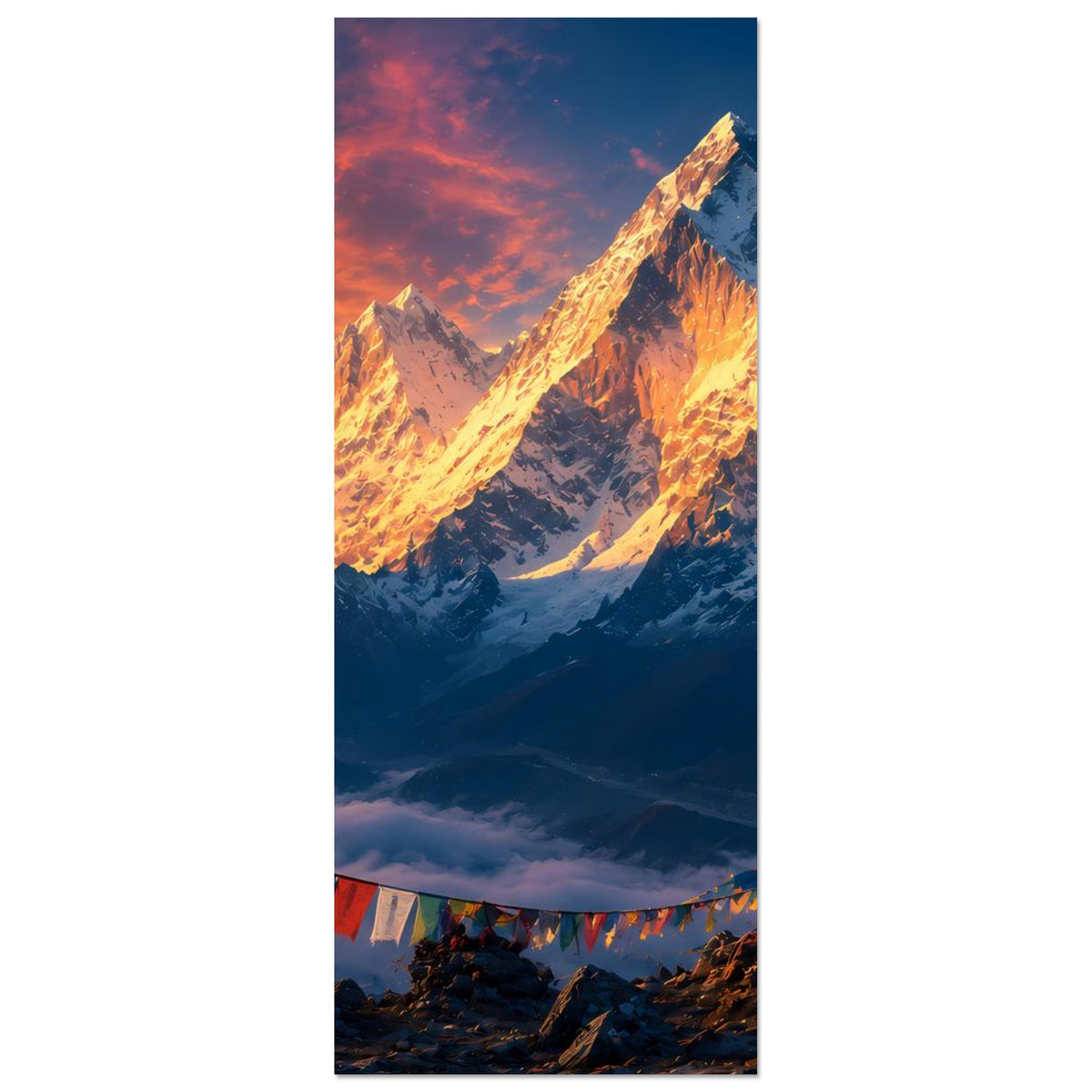 Poster (hochkant) mit Himalaya-Sonnenaufgang: leuchtende Bergspitzen, orange Himmel, Wimpelband