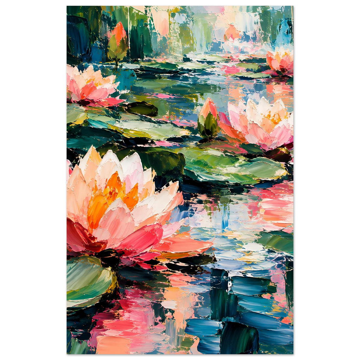 Hochformat-Poster mit rosa Seerosen auf grün-blauem Teich, farbige Wasserreflexe