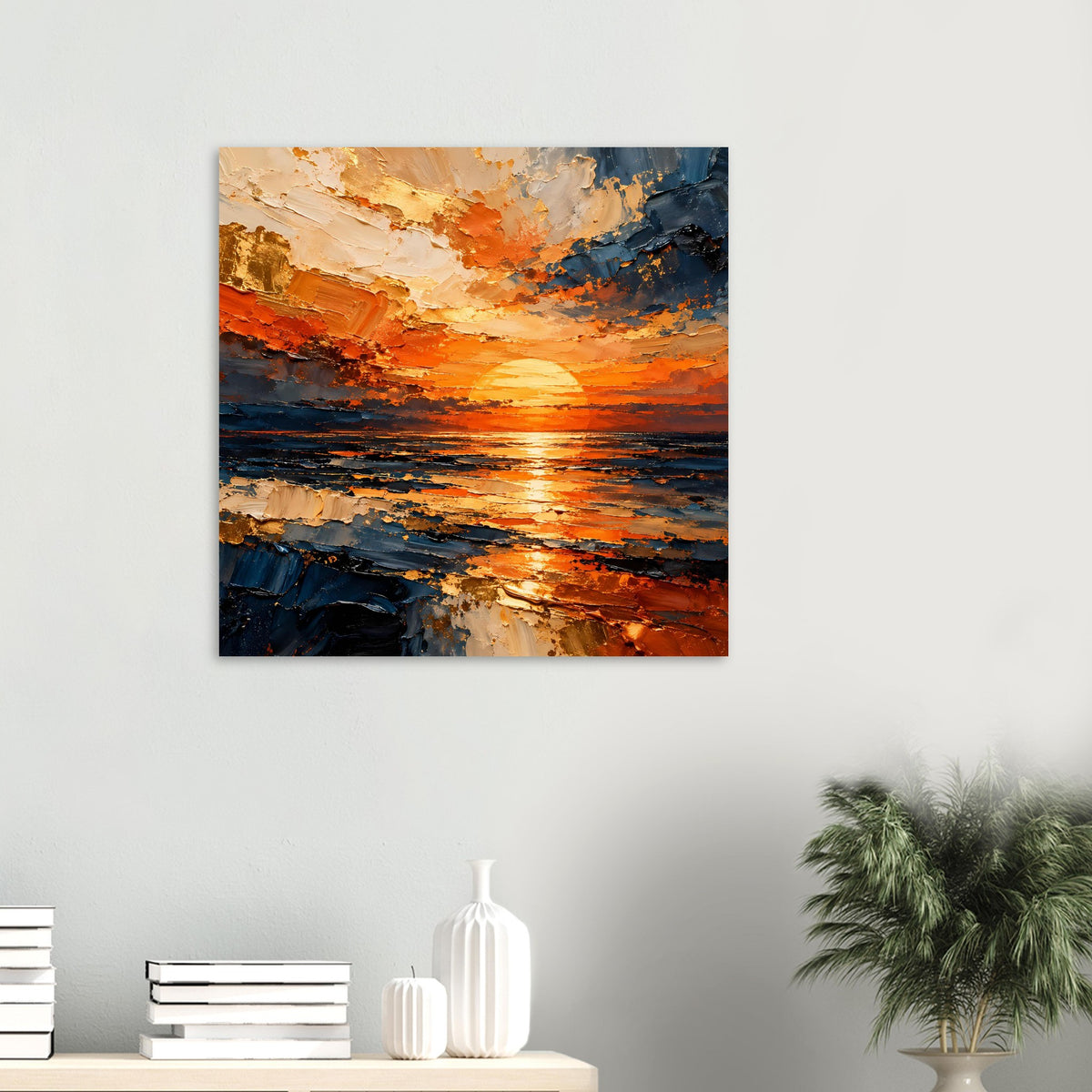 Abstraktes Sonnenuntergangs-Meer-Poster im Querformat, orange und blau mit goldener Sonne