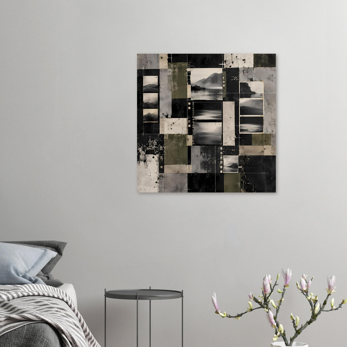 Abstraktes Landschafts-Poster im Querformat, klein: Collage in Schwarz, Grau und Beige