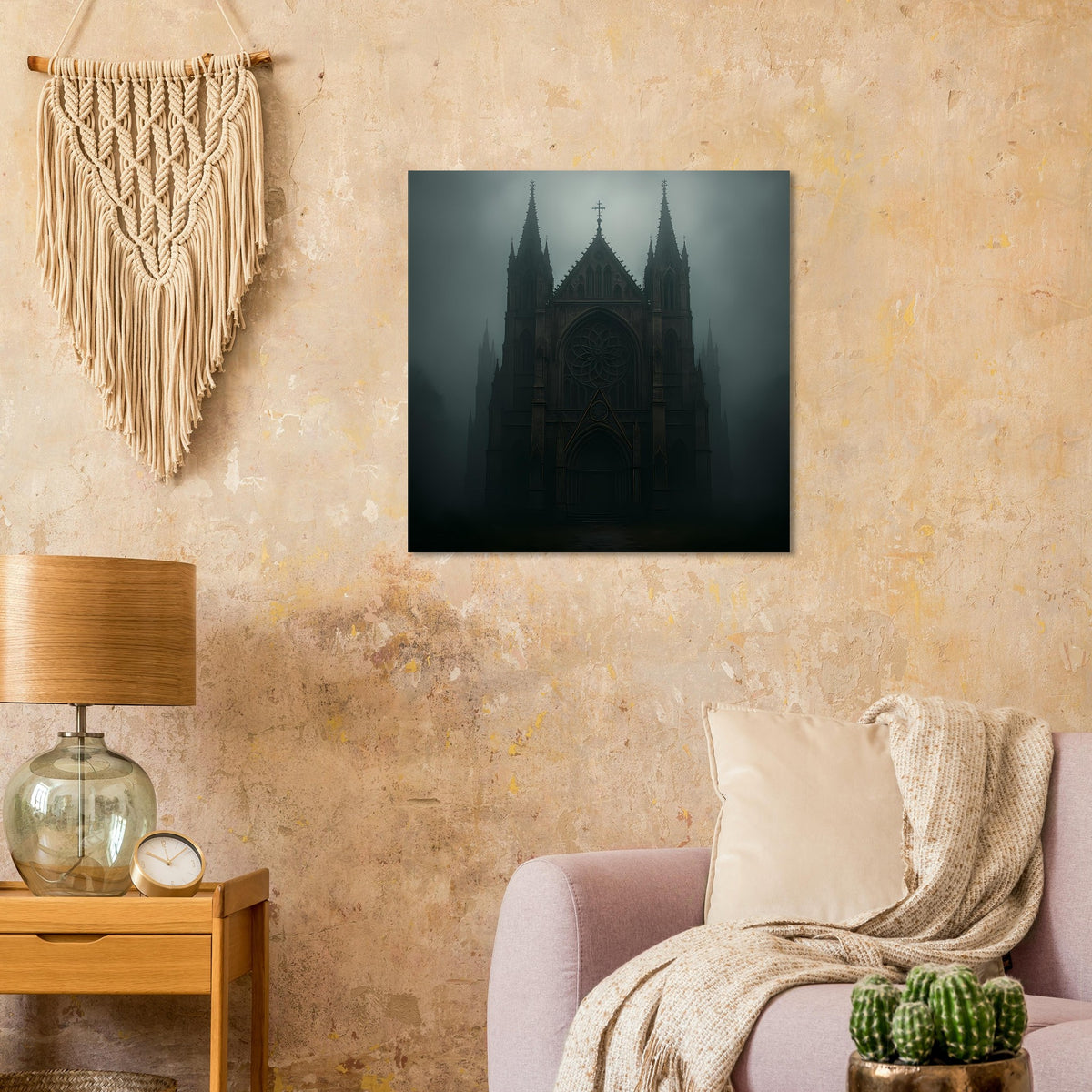Quadratisches Kunstposter mit gotischer Kathedrale im Nebelmotiv, dunkle Töne, schwarzer Rahmen