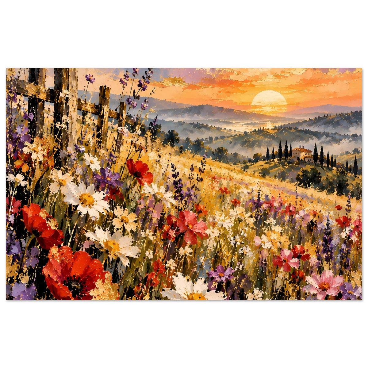 Horizontales Landschaftsposter mit Blumenmeer aus Mohn und lila Akzenten, Sonne im Abendrot