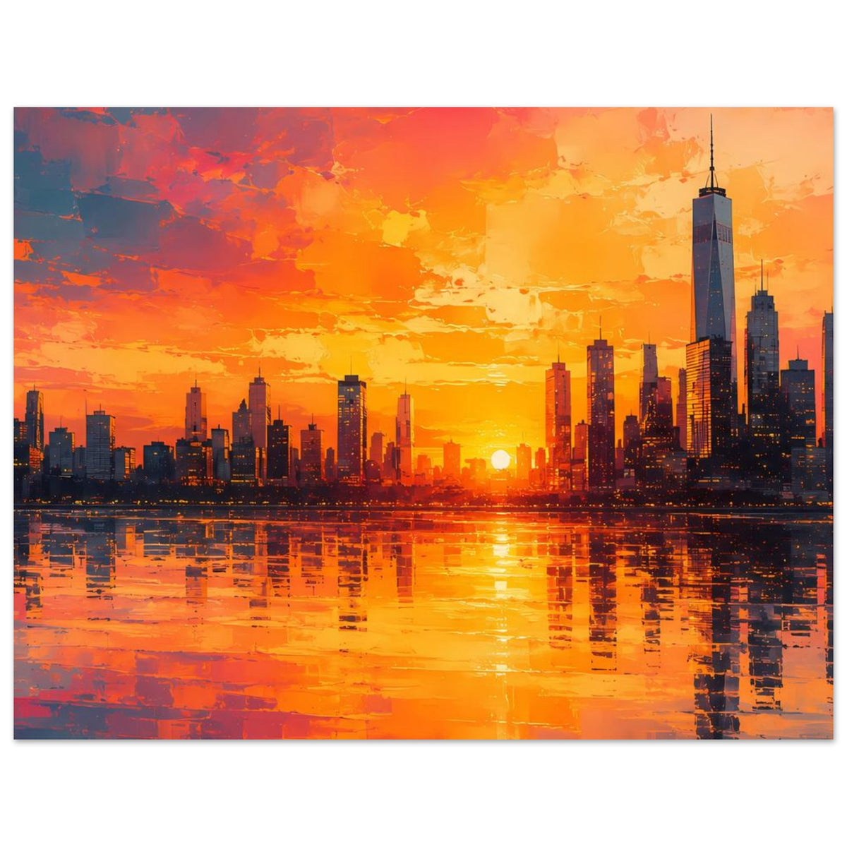 Großstadt-Skyline-Poster im Sonnenuntergang, Wasserspiegelung und warme Farbverläufe