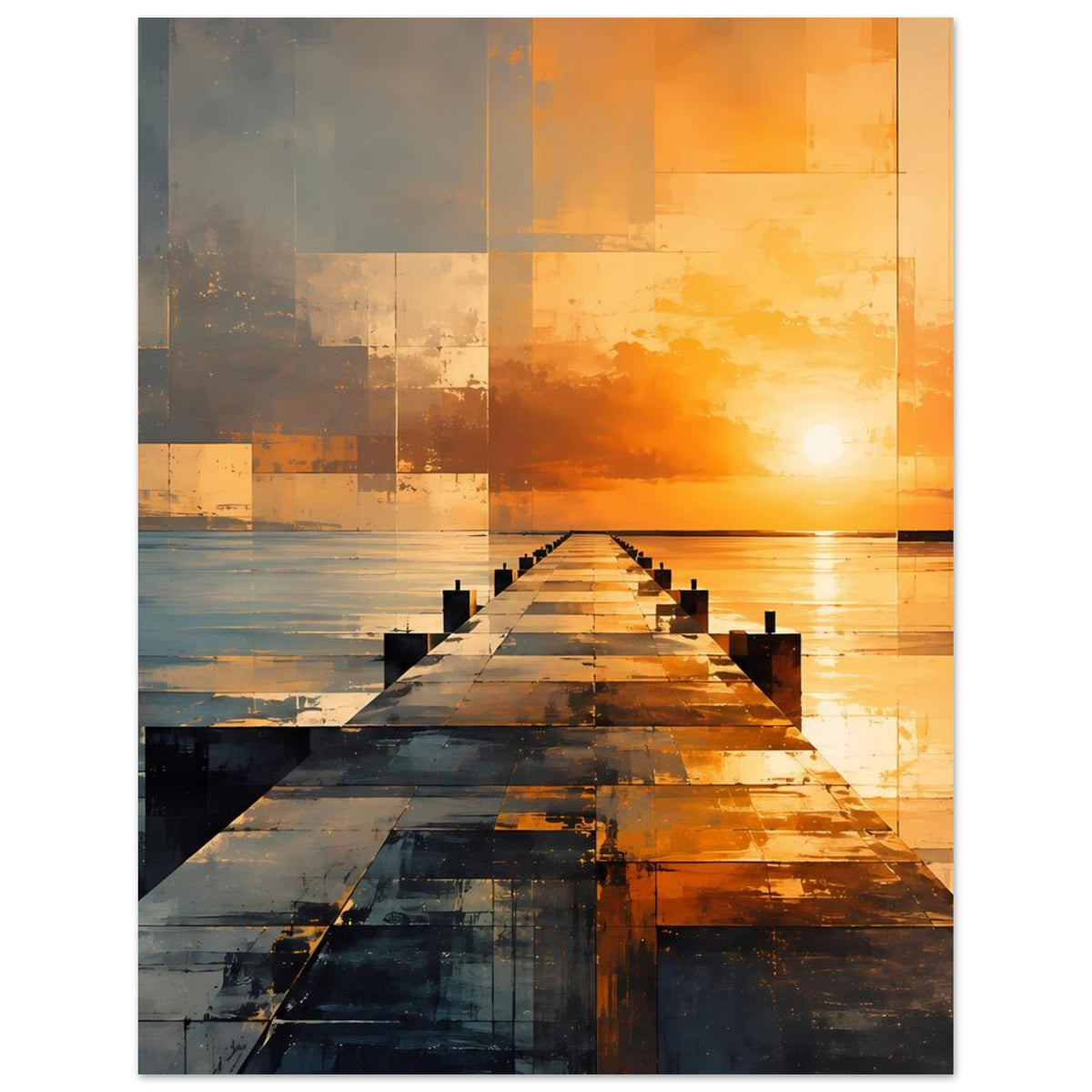 Hochformat-Wandposter: abstrakter Steg über Wasser, Sonnenuntergang in Orange- und Blauschattierungen