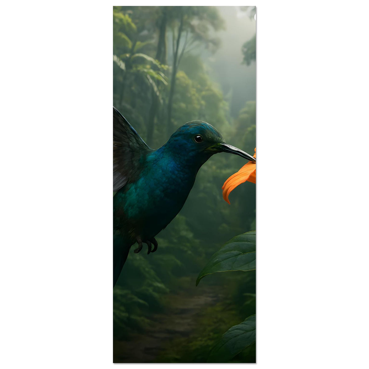 Kolibri-Dschungelposter (Ausschnitt): blauer Kolibri neben orangefarbener Blüte