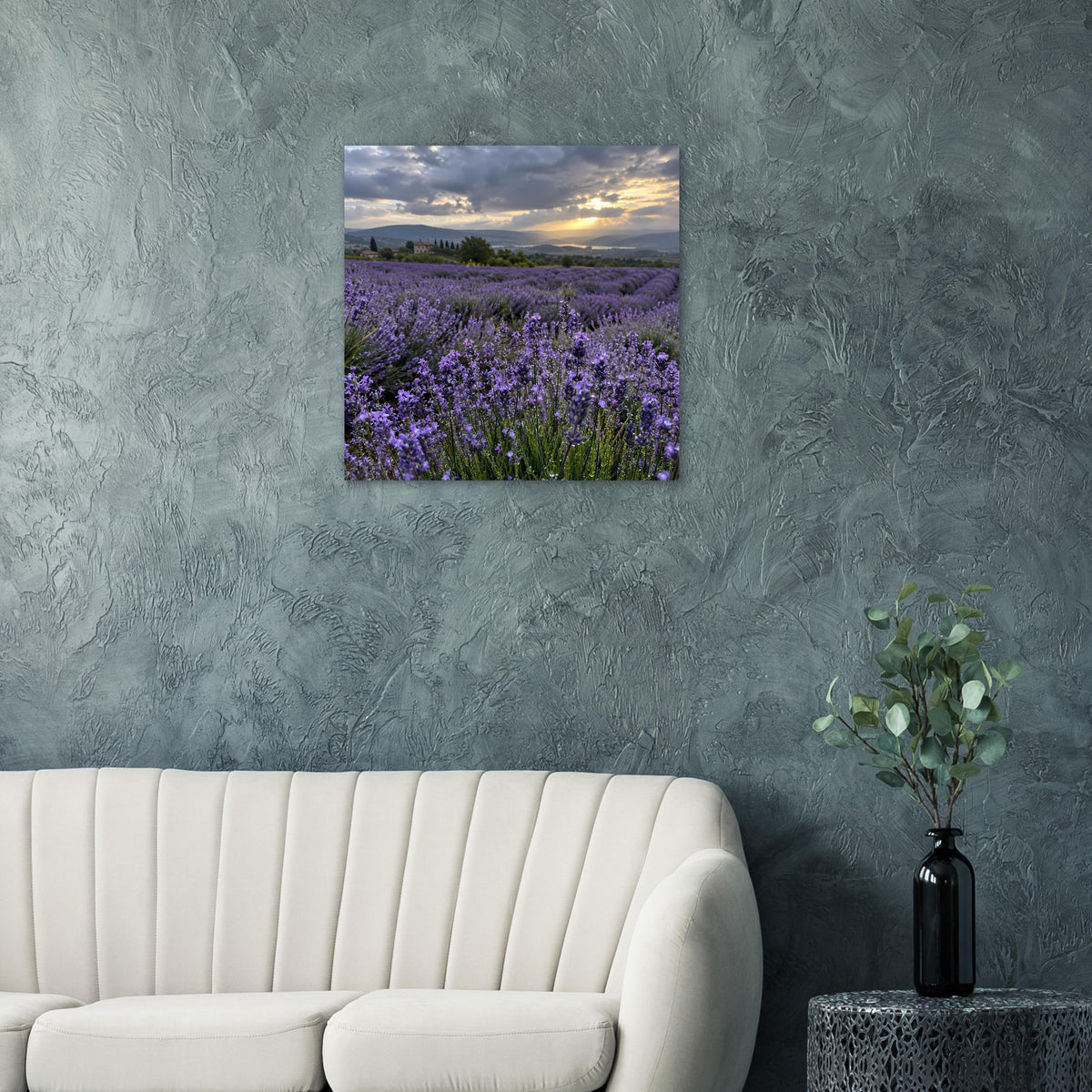 Poster mit Lavendelblumen zwischen Reihen, Sonne hinter Wolken