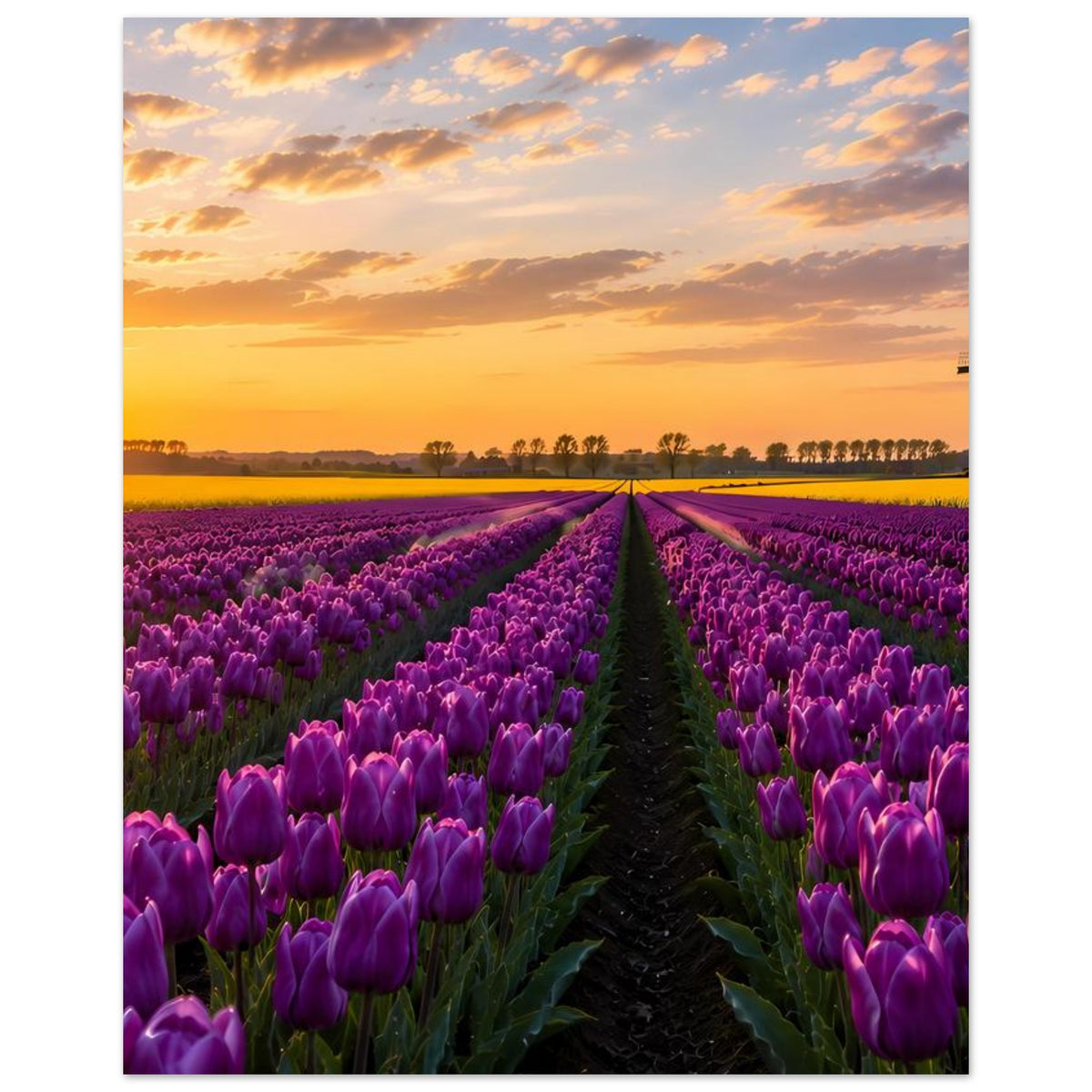 Vertikales Poster mit lila Tulpenfeldern, zentralem Weg und Sonnenuntergang