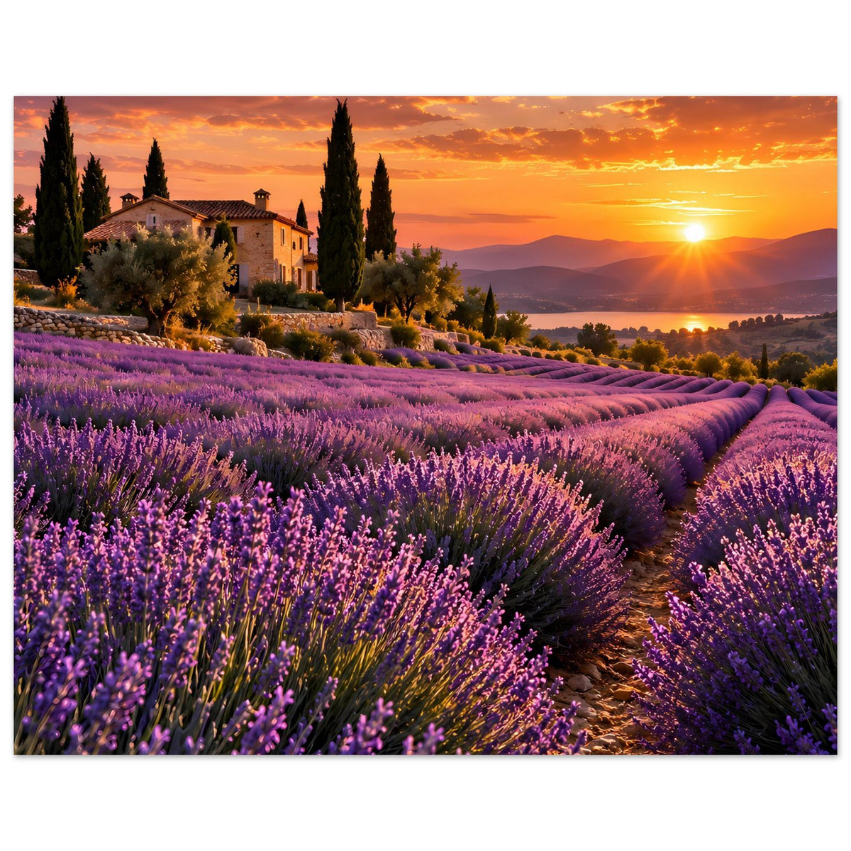 Horizontales Poster mit Lavendelfeld und Sonnenaufgang-/untergangsfarben, Häuser im Hintergrund