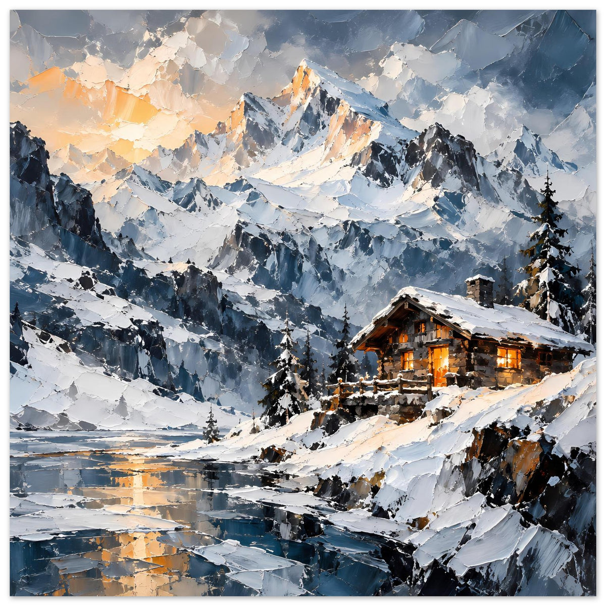 Poster mit verschneitem Alpenpanorama, warm beleuchteter Berghütte und Tannen