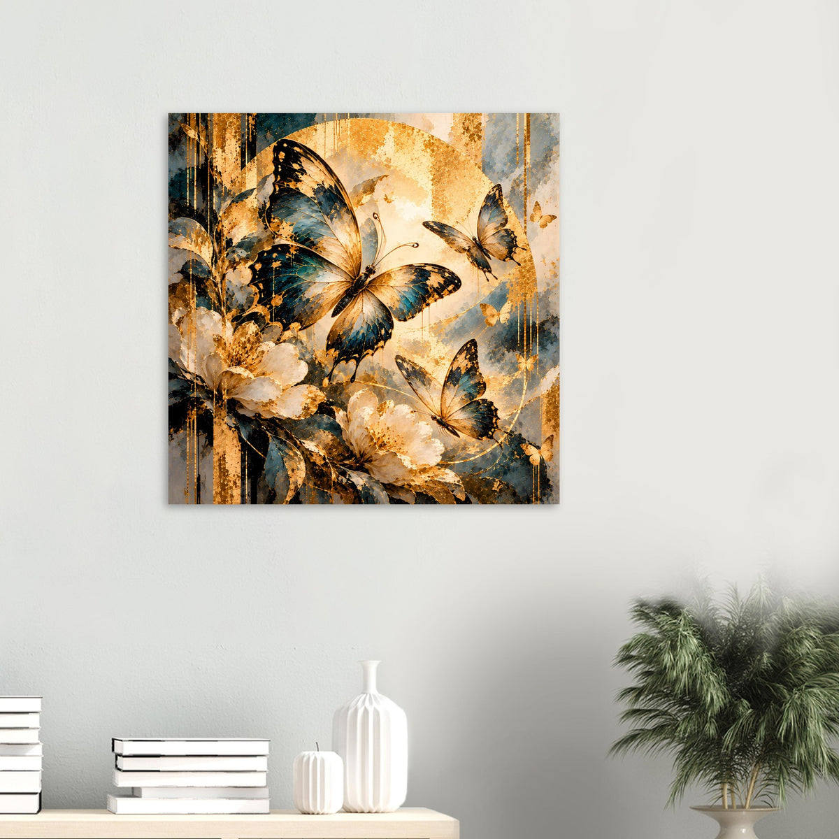 Schmetterlings-Poster mit gold-blauem Schmetterlingsmotiv, mehrfarbig, vertikal