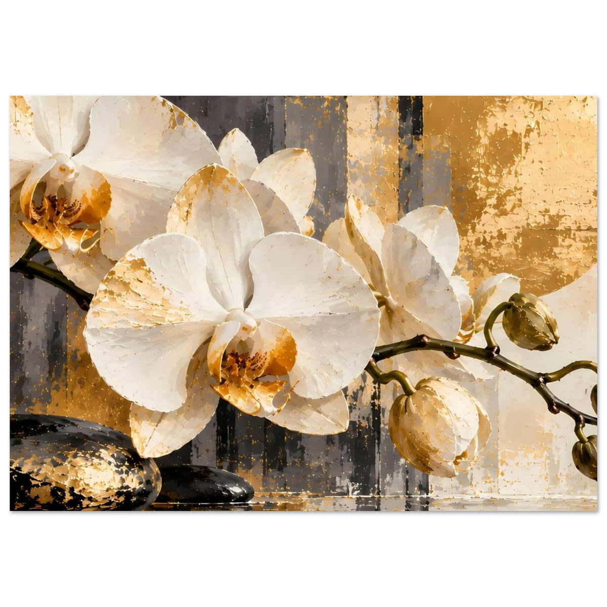 Orchideen-Poster mit weißen Orchideenblüten auf Ast, goldbraunes Kunstmotiv und Steinen