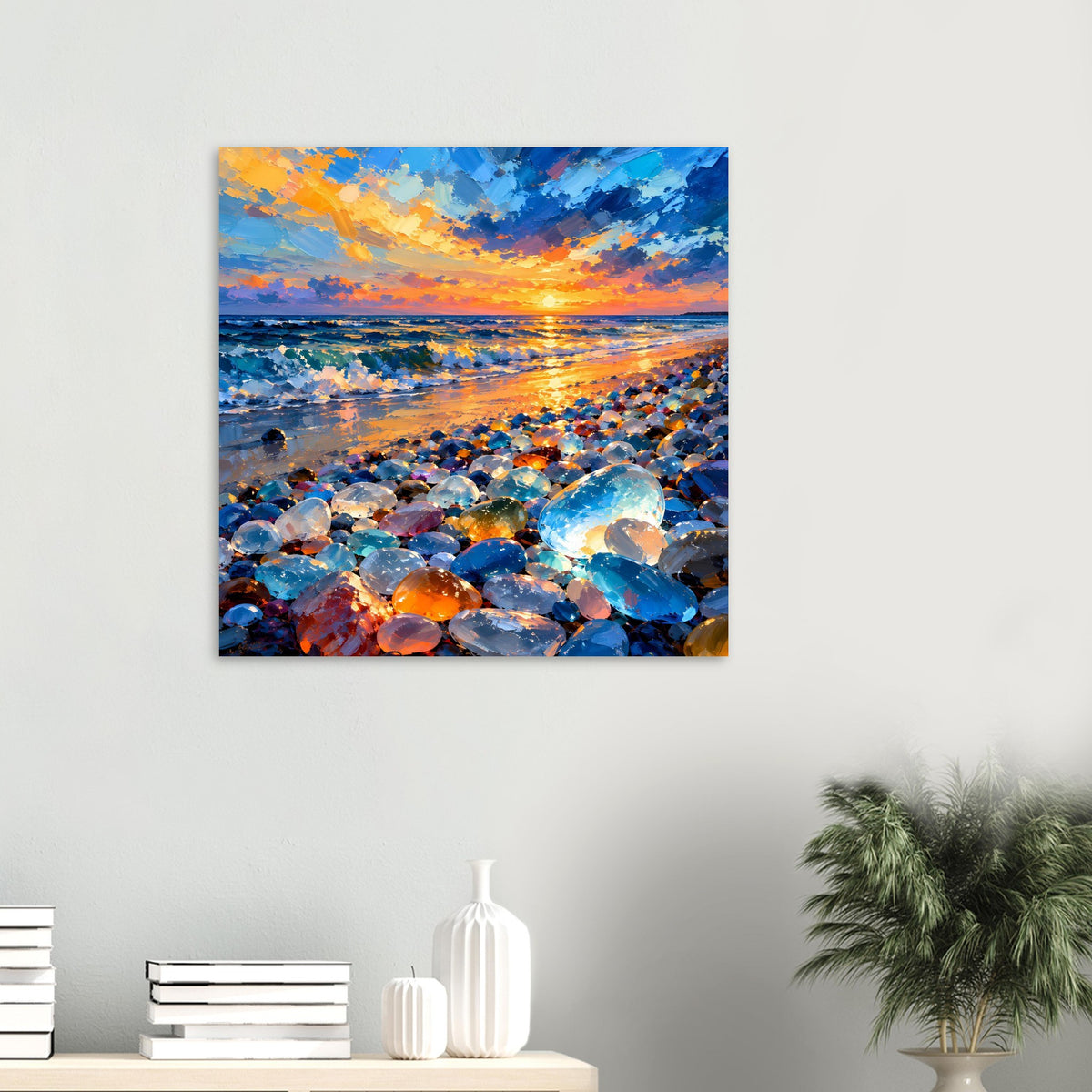 Kleines Poster: Meer bei Sonnenuntergang, reflektierendes Wasser und bunte Kieselsteine