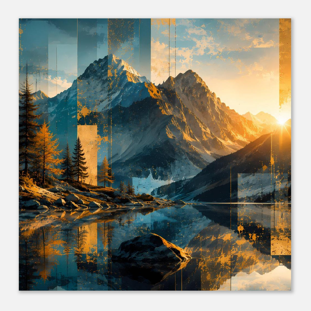 Poster im Querformat mit Berggipfeln, Tannen und warmem Sonnenkreis